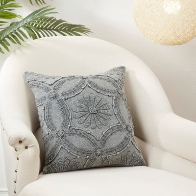 Gray Embroidered Cotton Euro Throw Pillow Cover, 18x18