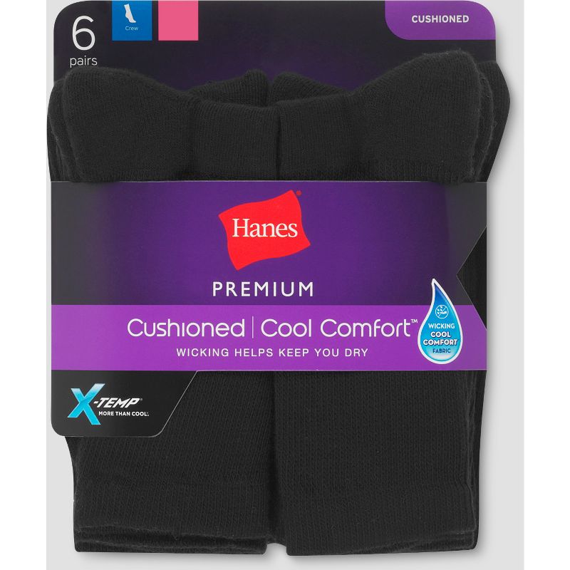 Hanes Premium 6 Pack Women&#39;s Cushioned Crew Socks - Black 5-9, 3 of 4
