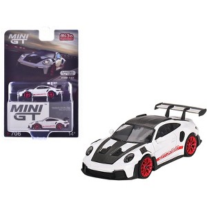 Porsche 911 (992) GT3 RS Weissach Package White with Pyro Red and Carbon and Carbon Top Ltd Ed 1/64 Diecast Model Car by Mini GT - 1 of 4