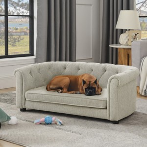 LAOTIES Luxury Linen Pet Sofa,Breathable And Durable Dog Couch With Tufted Design,Soft Washable Cushion And Arc Backrest - 1 of 4