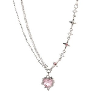 Y2K Asymmetric Heart Necklace | Crystal Diamond Pendant Silver Chain - 1 of 4