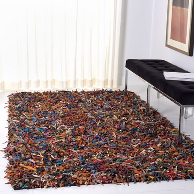 Multi-Color Hand-Knotted Leather Shag Area Rug, 5' x 8'