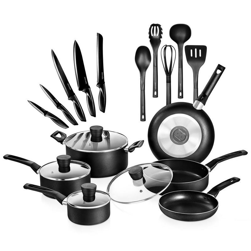 SereneLife 20 Piece Kitchenware Pots & Pans Set – Basic Kitchen Cookware, Black Non-Stick Coating Inside, Heat Resistant Lacquer (Black), 1 of 8