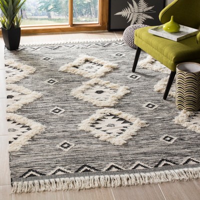 Hand-Knotted Black and Ivory Wool Area Rug with Fringe, 4' x 6'