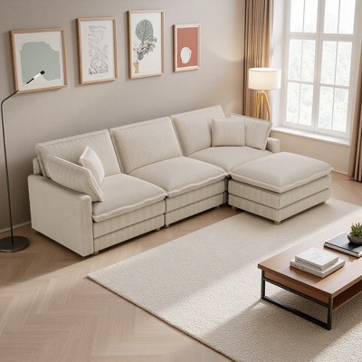 Corduroy Deep Seat Modular L-Shaped Sectional Sofa with 4 Pillows & Ottoman