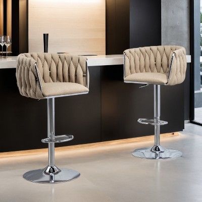 360° Fabric cover Swivel Bar Stools Set of 2, Adjustable Counter Height Bar Chairs with Woven Back & Footrest - Leovsnove