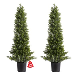36-Inch Artificial Topiary Cedar Trees, UV-Resistant Faux Outdoor Plants with PE Leaves and Iron Trunk for Porch, Patio, or Indoor Decor - 1 of 4