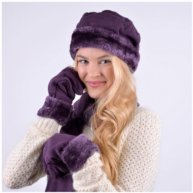 Women's Solid Fleece 3-Piece gloves scarf Hat Winter Set, 1 Pack Or 2 Pack, 4 of 5