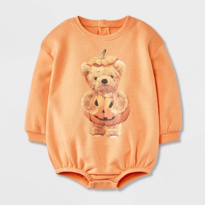 Baby Teddy Bear Halloween Pumpkin Long Sleeve Romper - Orange