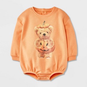 Baby Teddy Bear Halloween Pumpkin Long Sleeve Romper - Orange - 1 of 4
