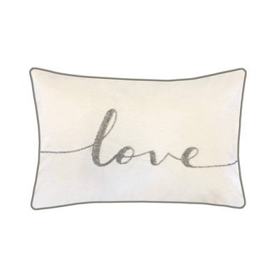 12"x18" Poly-Filled Beaded 'Love' Luxe Velvet Lumbar Throw Pillow Ivory - Edie@Home