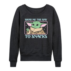 Women's - Star Wars - The Mandalorian Grogu The Way To Snacks Lightweight French Terry Wide Neck Long Sleeve Graphic Shirt - 1 of 4