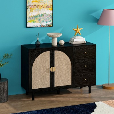 Okak Modern Bedroom Dressers with 2 Rattan Door 3 Drawer,Chest of Drawers for Living Room Bedroom,Entryway Study,Wooden Dresser Cabinet, Black