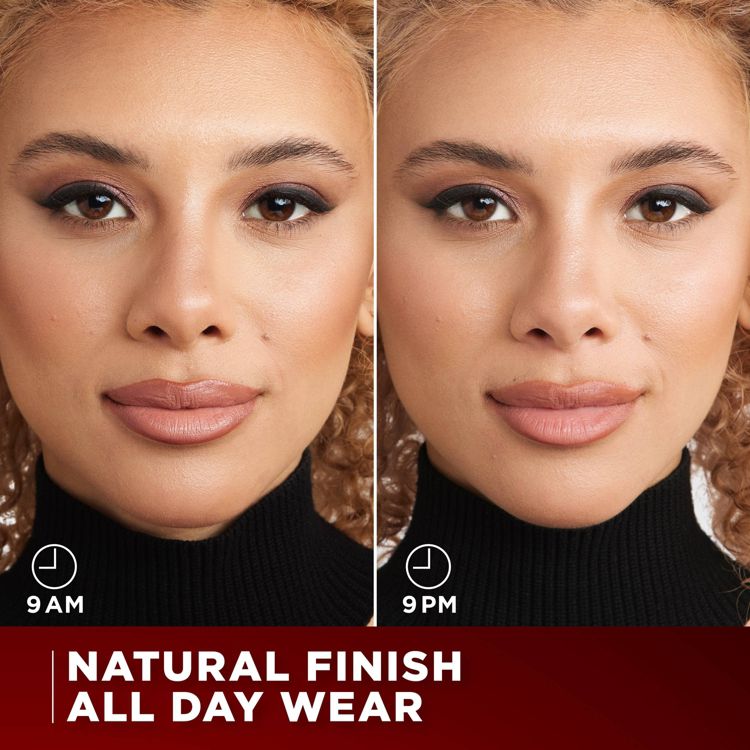 Two side-by-side images show a person with makeup at 9 AM and 9 PM, with the text "NATURAL FINISH ALL DAY WEAR" below.