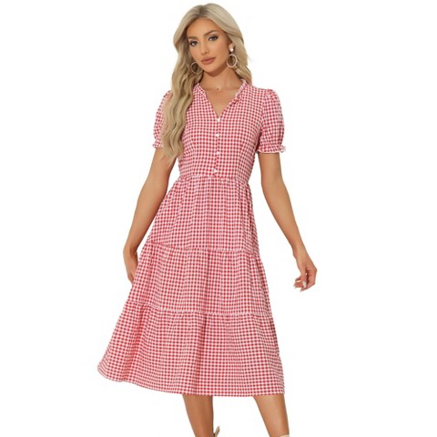 Женские платья INSPIRE CHIC Women's Summer Ruffle Trim V Neck Button Decor Gingham Dress Medium Red