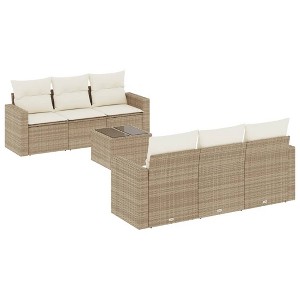 vidaXL 7 Piece Patio Sofa Set with Cushions Poly Rattan - Beige and Cream - 1 of 4