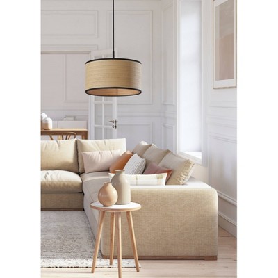 Black and Natural Woven Paper Drum Pendant Light