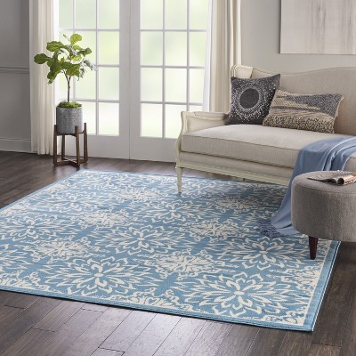 Navy/Ivory Floral Synthetic 4' x 6' Rectangular Rug