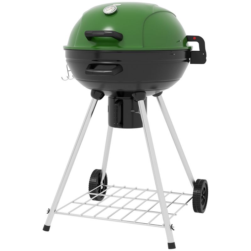 Outsunny 21" Kettle Charcoal BBQ Grill Trolley with 360 sq.in. Cooking Area, Shelf, and Ash Catcher, Wheeled Outdoor Barbecue, Green, 4 of 7