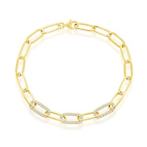 Bella Silver Sterling Silver, CZ Paperclip Bracelet - Gold Plated - Gold - 7 Inch - 1 of 2