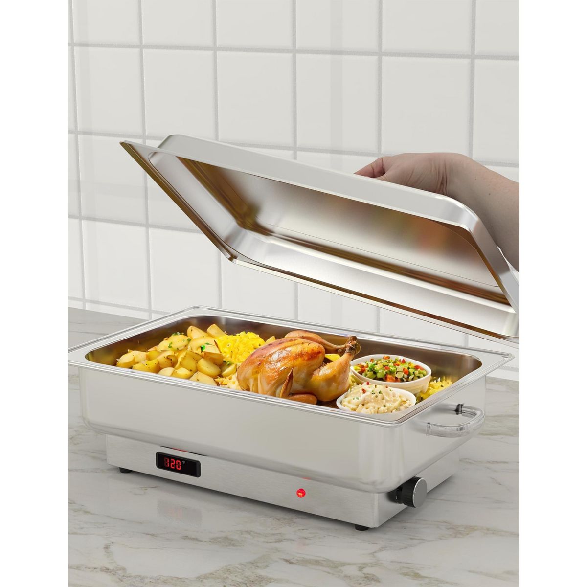 9QT Electric Chafing Dish Buffet Set, Stainless Steel Food Warmer with Digital Temp Display, Full & Half Size Pans for Party Wedding Catering - thumbnail 5