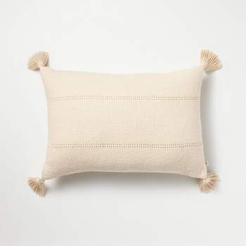 14"x20" Hem Stitch Stripe Lumbar Throw Pillow with Tassels Tan - Hearth & Hand™ with Magnolia