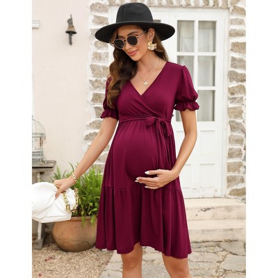 Maternity V Neck Swiss Dot Dress Summer Casual Short Sleeve Flowy Midi Dress Belt Photoshoot Baby Shower Wine Red M