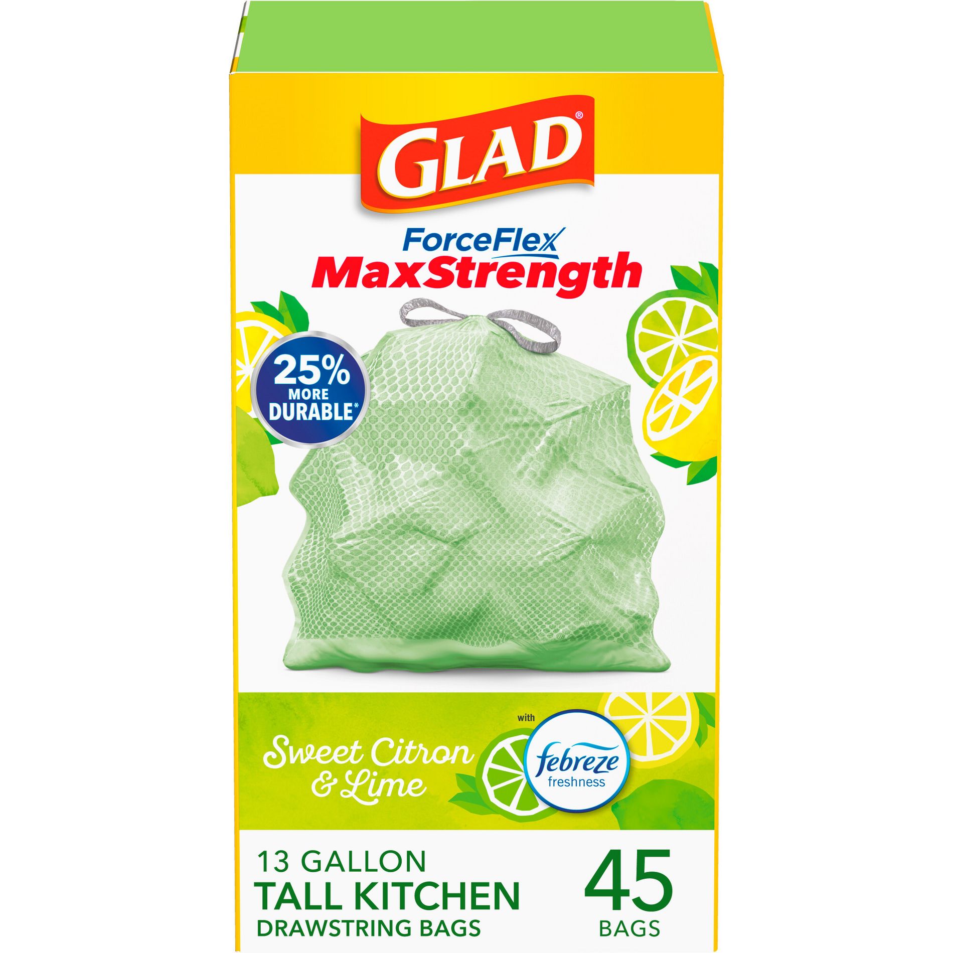 Glad ForceFlex MaxStrength Tall Kitchen Drawstring Trash Bags - Febreze Sweet Citron & Lime - 13gal/45ct