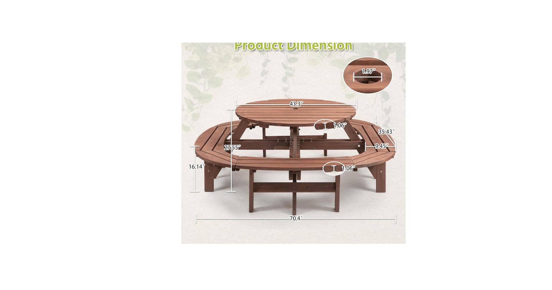 8-Person Circular Outdoor Wooden Picnic Table for Patio