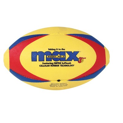 SportimeMax ProRubber Rugby Ball, Size 3, Yellow with Red/Blue Pattern