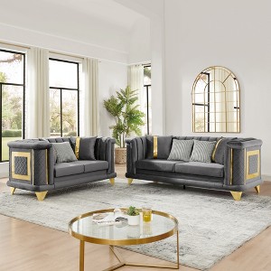89"-Seater & 69" Loveseat Velvet Luxury Tufted Sofa Set with Embroidered Texture, Gold Stainless Steel Trims and 7 Decorative Pillows - 1 of 4