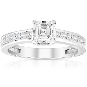 Pompeii3 1Ct Asscher Cut Moissanite & Princess Cut Diamond Engagement Ring 14k White Gold - 1 of 4