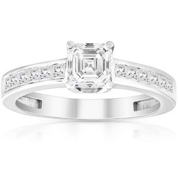 Pompeii3 1Ct Asscher Cut Moissanite & Princess Cut Diamond Engagement Ring 14k White Gold