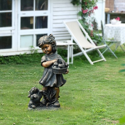 Bronze Girl Holding Basket of Kittens with Puppy Garden Statue