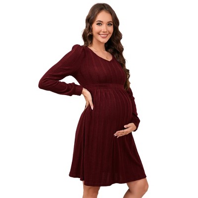 Women's Maternity V Neck Dress Long Sleeve Rib Knit Midi Dress Photoshoot Baby Shower Sweater Fall Dresses Burgundy 2XL