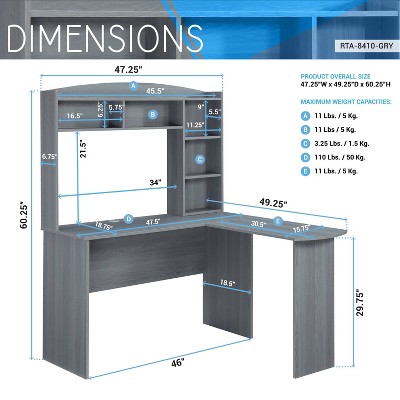 Modern Gray L-Shaped Desk with Hutch and Storage