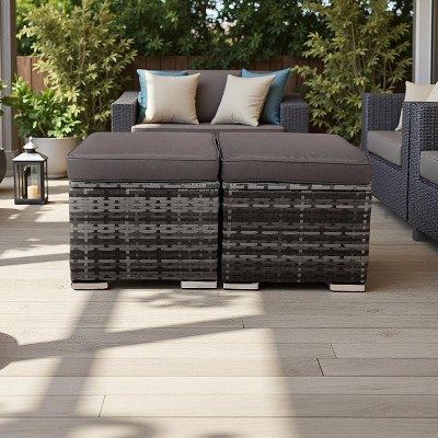 Nertpow All-Weather Outdoor Ottoman with Storage - Durable PE Rattan Wicker Outdoor Footstool for Patio, Grey