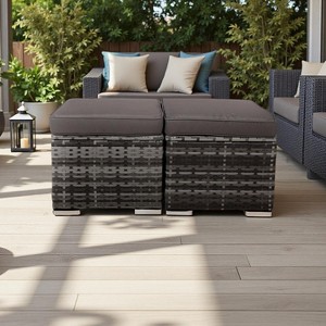 Nertpow All-Weather Outdoor Ottoman with Storage - Durable PE Rattan Wicker Outdoor Footstool for Patio, Grey - 1 of 4