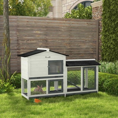 Gray and White Wooden 2-Story Rabbit Hutch with Ramp