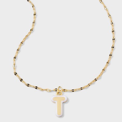 14K Gold Dipped Enamel "T" Initial Pendant Necklace - A New Day™ Gold/White