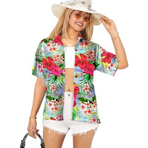 LA LEELA Women's Button Down Blouses Casual Summer Party Blouse Shirt Floral Blouses Short Sleeve Vacation Shirts Hawaiian Dresses - 1 of 4