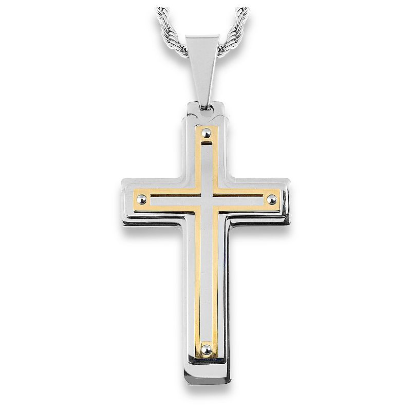 Men's West Coast Jewelry Silvertone and Goldplated Stainless Steel Multiple Layer Cross Pendant, 1 of 4