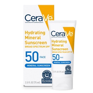 CeraVe Hydrating 100% Mineral Sunscreen for Face - SPF 50 - 2.5 fl oz - 1 of 4