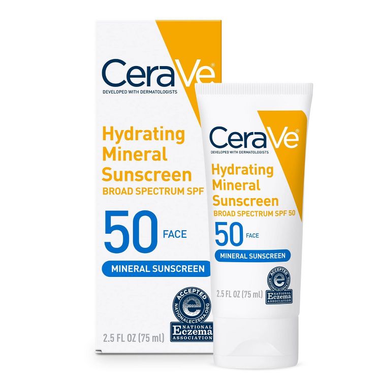 A tube and box of CeraVe Hydrating Mineral Sunscreen with Broad Spectrum SPF 50, labeled for face, containing 2.5 FL OZ (75 mL).