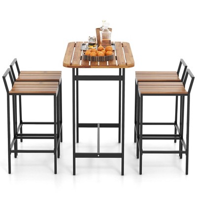 Tangkula Acacia Wood Patio Table & Chair Set 5 Pcs Outdoor Dining Set w/ 1 Table & 4 Bar Height Chairs