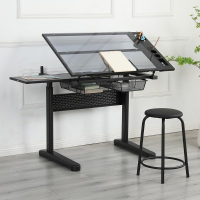 Adjustable Drafting Table with Storage Drawers and Stool, Drawing Desk for Beginners, Students or Artists – The Pop Home