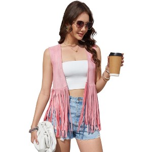 Clearlove Women's Tassel Sleeveless Vest 70s Hippie Faux Suede Fringe Jacket Cardigan - 1 of 4