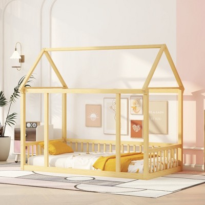 Montessori Floor Bed with House Roof Frame, for Kids