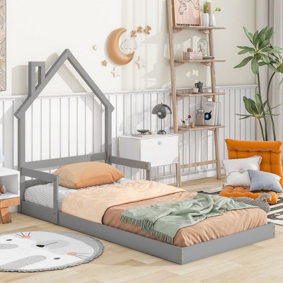 House-Shaped Headboard Floor Bed with Handrails ,slats