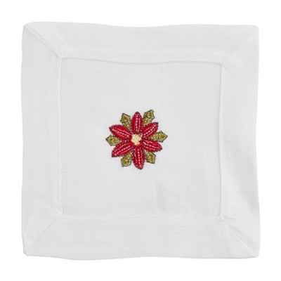 White Embroidered Poinsettia Winter Cocktail Napkins Set of 12